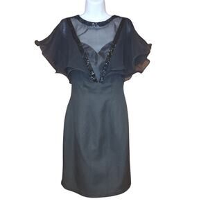 vntg 80s Climax Karen Okada Black dress "V" Shear Top Sz 10 Ruffles And‎ Flare